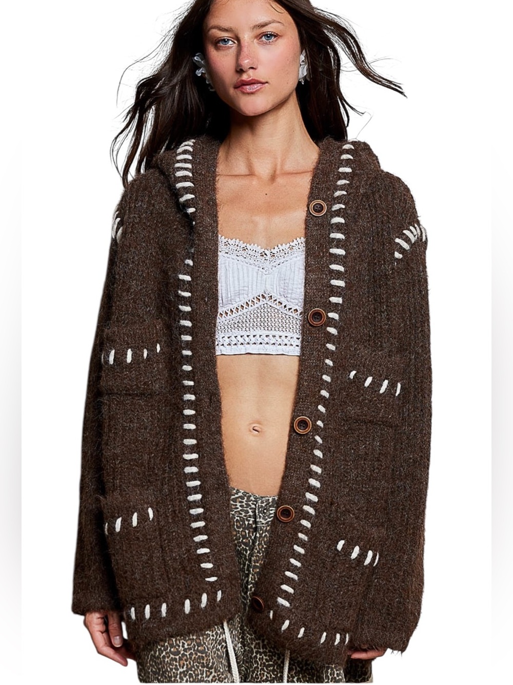 POL Brown with stitching Long Sleeve Hooded Cardigan
